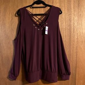 NWT - Thalia Sodi cold Shoulder Top with Criss-Cross Rhinestone Grommets